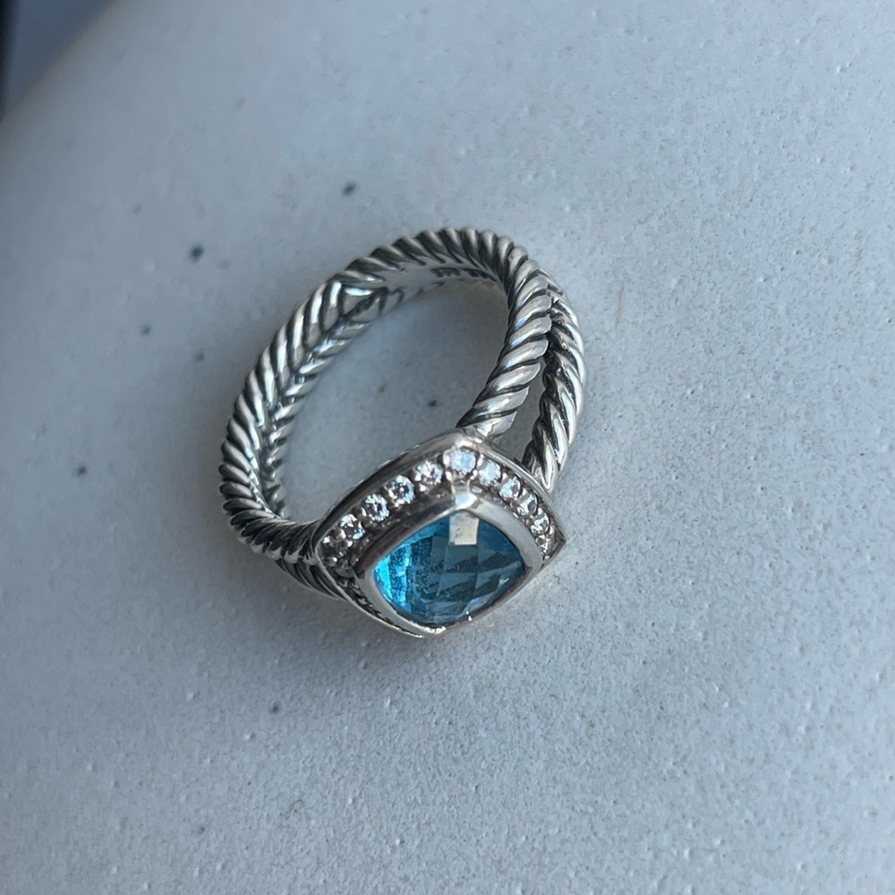David Yurman Petite Albion Ring Blue Topaz center Stone & Diamonds